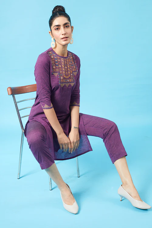 Okhai 'Imperial' Kutch Embroidered Kurta Pant Dupatta Set - Image 3