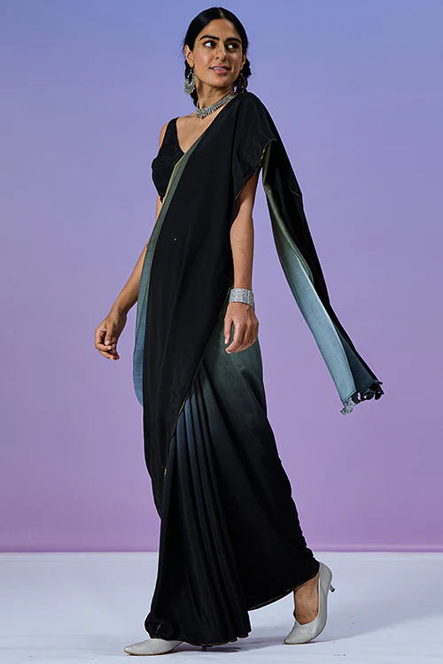 Okhai 'Black Stone' Ombre Modal Muslin Silk Saree - Image 2