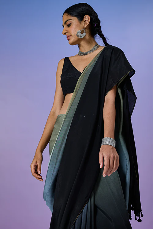 Okhai 'Black Stone' Ombre Modal Muslin Silk Saree - Image 4
