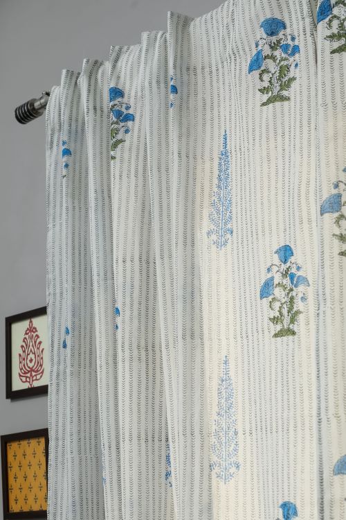 Sooti Syahi Coral Blue Hand Block Printed Door Curtain - Image 2