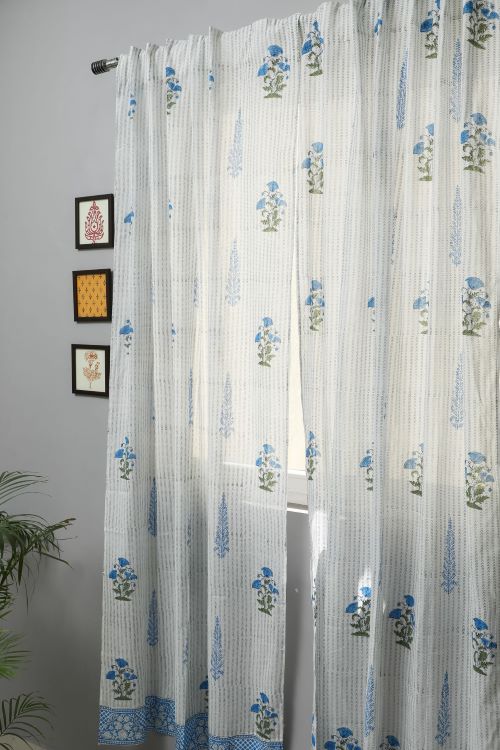 Sooti Syahi Coral Blue Hand Block Printed Door Curtain - Image 4