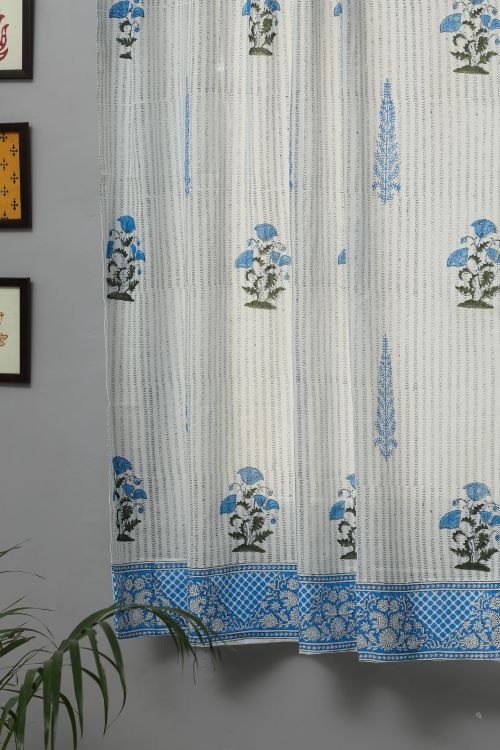 Sooti Syahi Coral Blue Hand Block Printed Window Curtain - Image 2