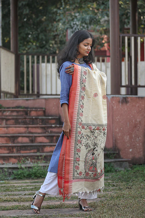 Diorama Designs Cotton Madhubani Handpainted Dupatta - Image 5