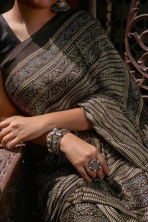 Craftroots Ajrakh Black Saree With Handmade Tassels - Image 2
