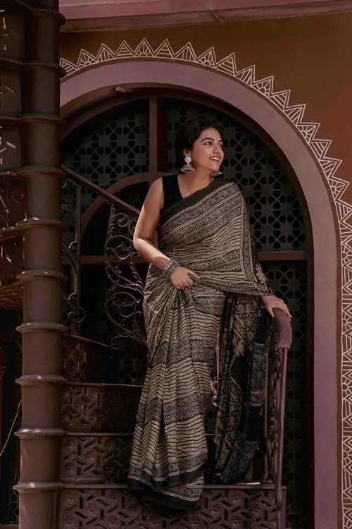Craftroots Ajrakh Black Saree With Handmade Tassels - Image 4