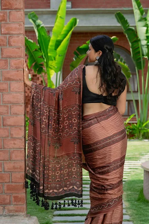 Craftroots Ajrakh Modal Saree With Handmade Tassels - Image 3