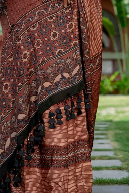 Craftroots Ajrakh Modal Saree With Handmade Tassels - Image 4