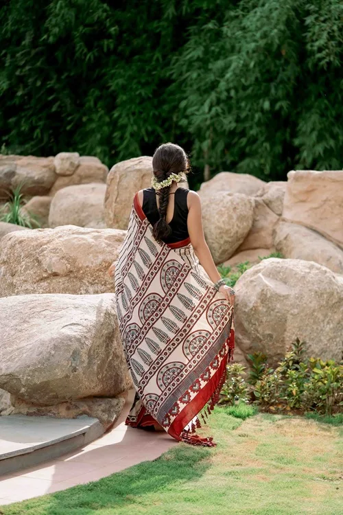 Craftroots Ajrakh Modal Silk Red and White Saree - Image 3