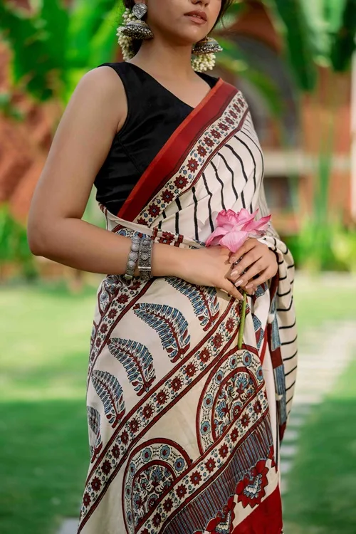 Craftroots Ajrakh Modal Silk Red and White Saree - Image 6