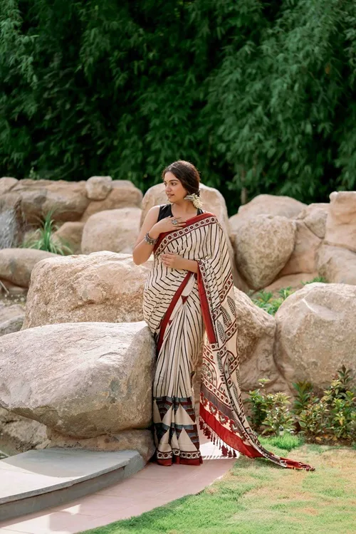 Craftroots Ajrakh Modal Silk Red and White Saree - Image 7