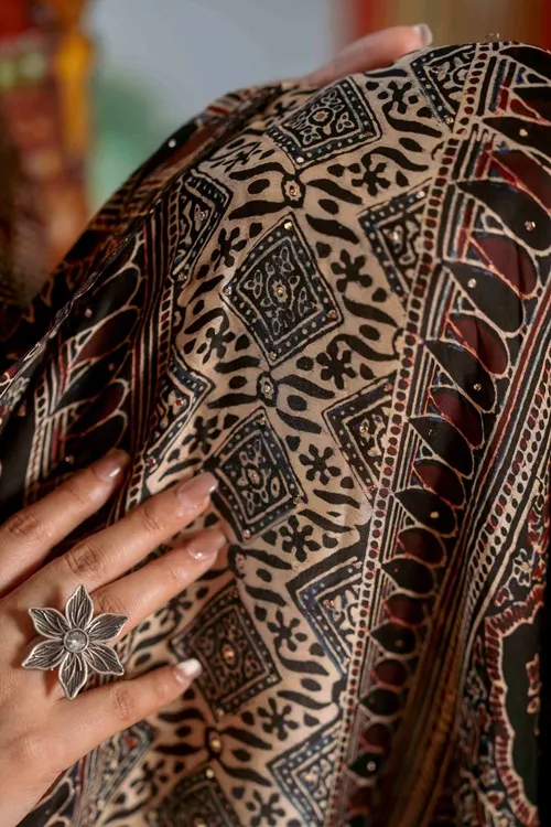Craftroots Ajrakh Saree With Badla Work With Tassels - Image 2