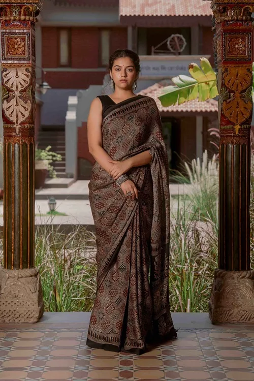 Craftroots Ajrakh Saree With Badla Work With Tassels - Image 3