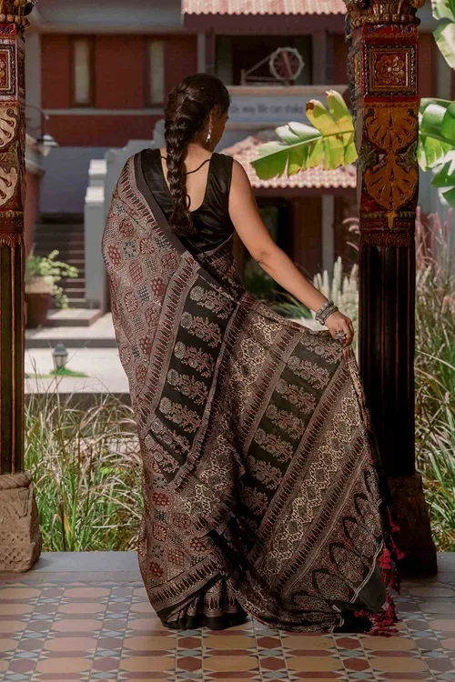 Craftroots Ajrakh Saree With Badla Work With Tassels - Image 4