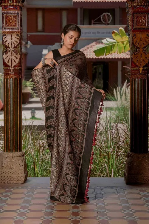 Craftroots Ajrakh Saree With Badla Work With Tassels - Image 5