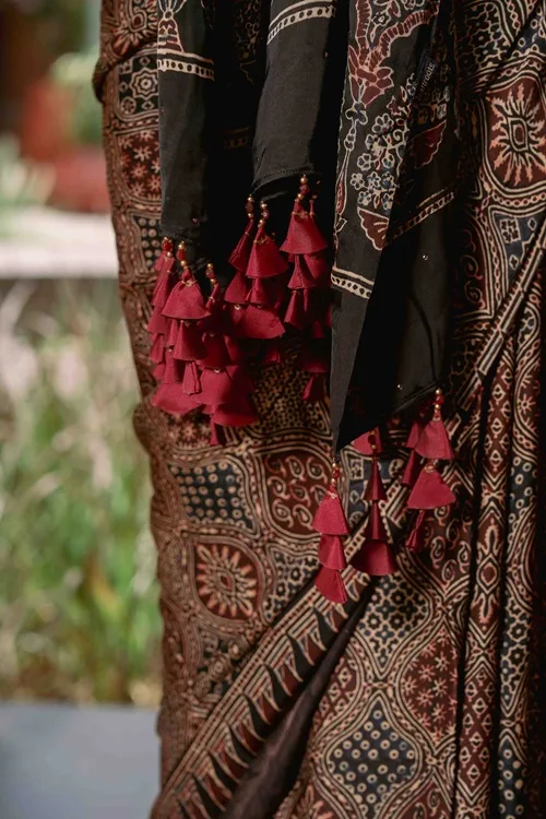 Craftroots Ajrakh Saree With Badla Work With Tassels - Image 6