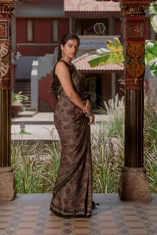 Craftroots Ajrakh Saree With Badla Work With Tassels - Image 7