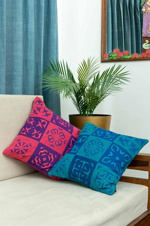 Craftroots Blue & Multi Applique Patchwork Cushion Cover Set Of 2