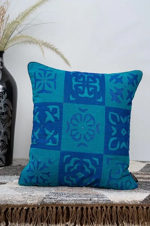 Craftroots Blue & Multi Applique Patchwork Cushion Cover Set Of 2 - Image 2