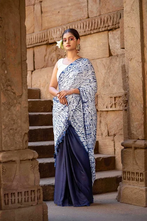 Craftroots Blue Shibori Modal Saree With Handmade Tassels - Image 3