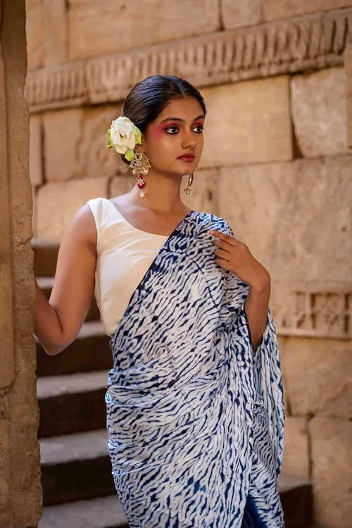 Craftroots Blue Shibori Modal Saree With Handmade Tassels - Image 5