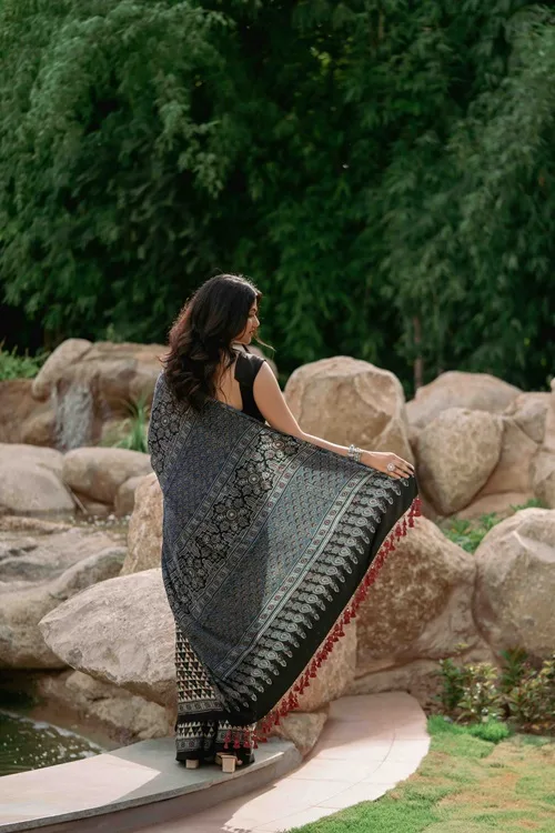 Craftroots Contemporary Ajrakh Modal Saree With Crafted Tassels - Image 4