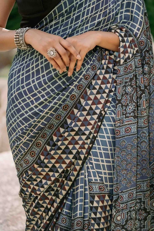 Craftroots Contemporary Ajrakh Modal Saree With Crafted Tassels - Image 5