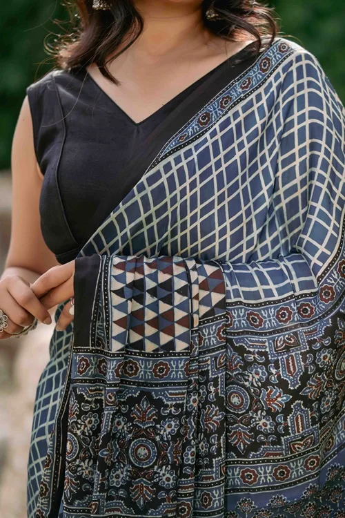 Craftroots Contemporary Ajrakh Modal Saree With Crafted Tassels - Image 6