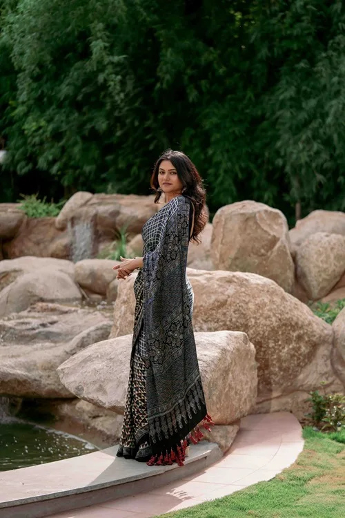 Craftroots Contemporary Ajrakh Modal Saree With Crafted Tassels - Image 7