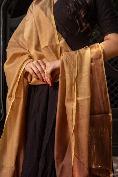 Craftroots Cream-Brown Tie-Dye Chanderi Silk Dupatta - Image 4