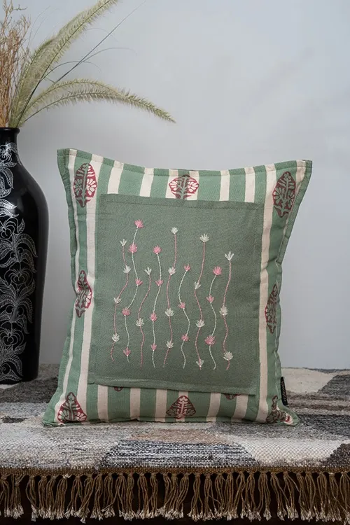 Craftroots Floral Handblock Peach & Mint Cushion Cover