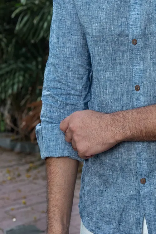 Craftroots Handwoven Blue Linen Shirt - Image 3