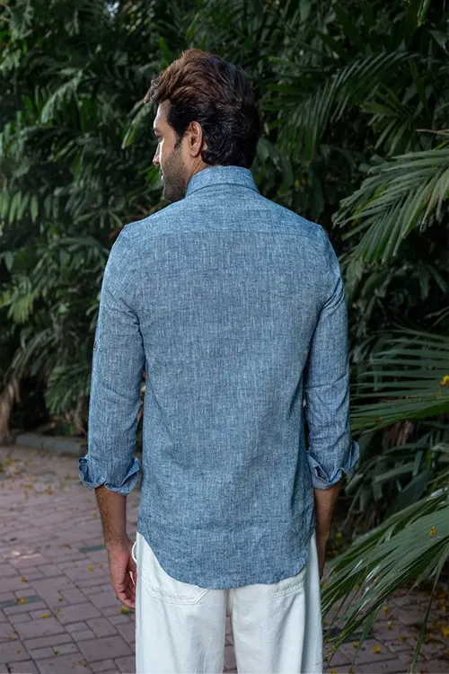 Craftroots Handwoven Blue Linen Shirt - Image 4