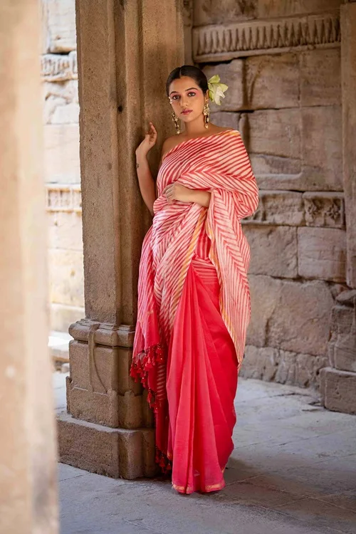 Craftroots Laheriya Chanderi Pink Saree - Image 3