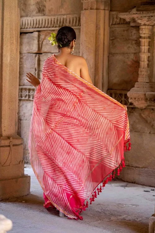 Craftroots Laheriya Chanderi Pink Saree - Image 4