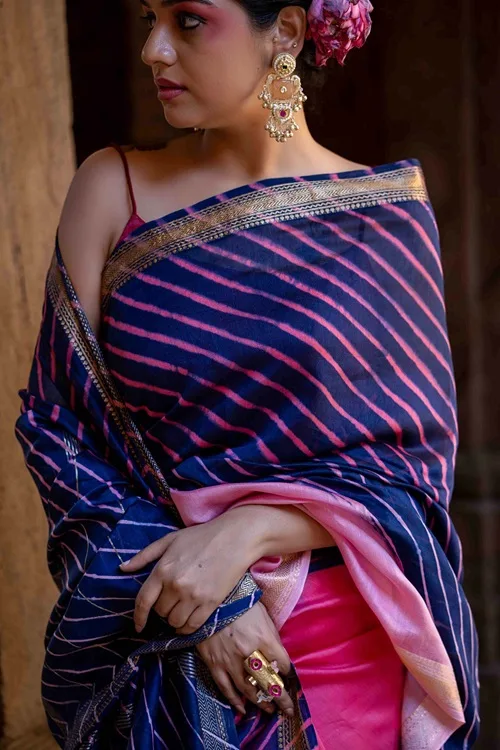Craftroots Laheriya Chanderi Purple Saree With Tassels - Image 2
