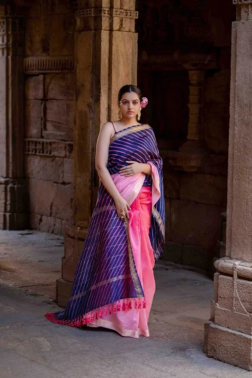Craftroots Laheriya Chanderi Purple Saree With Tassels - Image 3