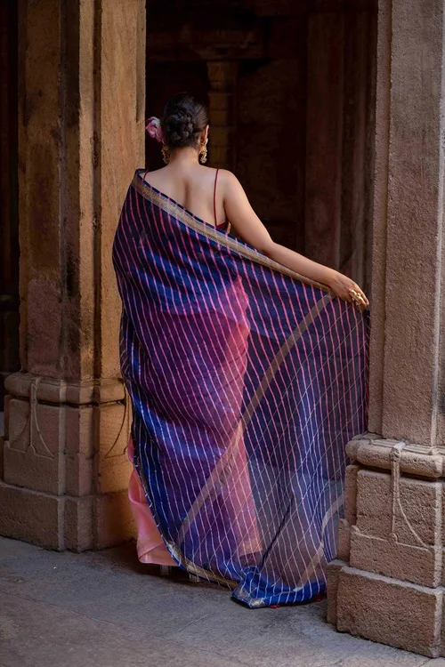 Craftroots Laheriya Chanderi Purple Saree With Tassels - Image 4