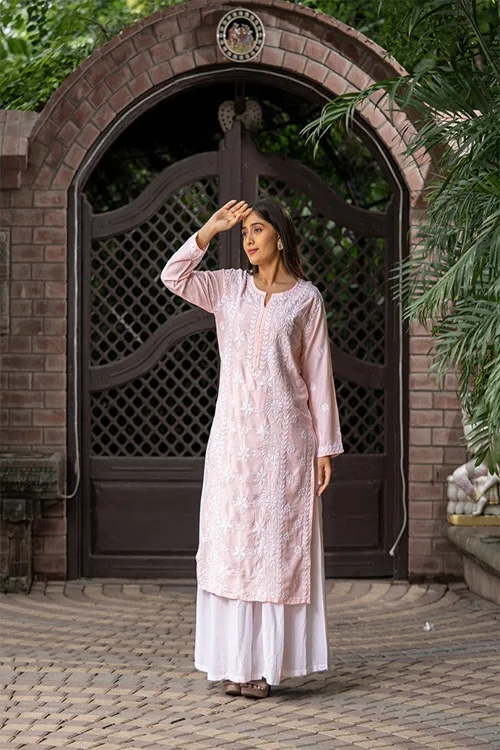 Craftroots Light Pink Chikankari Long Kurta - Image 2
