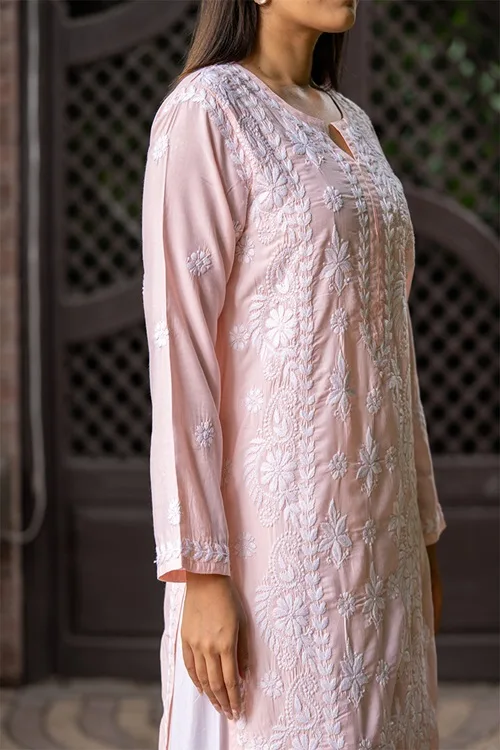 Craftroots Light Pink Chikankari Long Kurta - Image 3