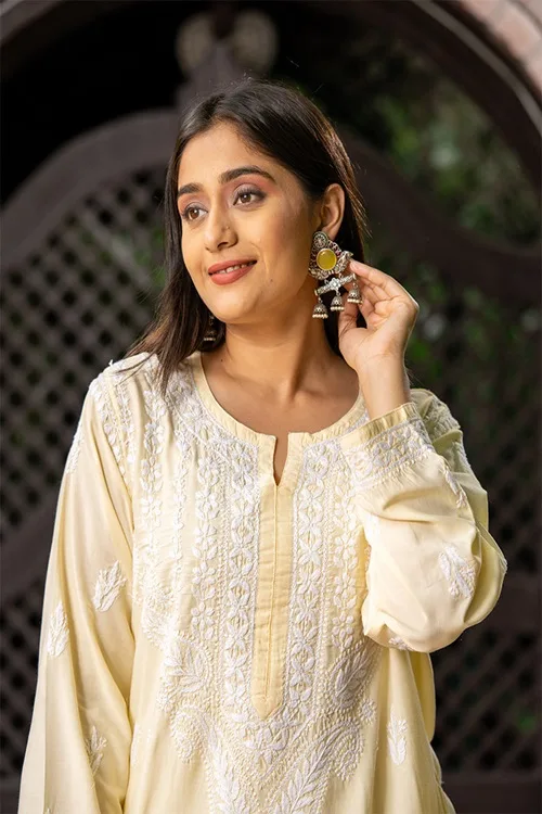 Craftroots Light Yellow Chikankari Kurta - Image 2