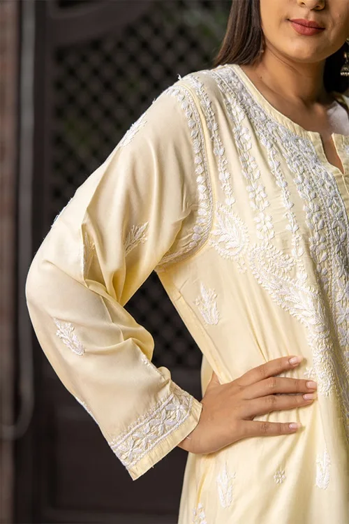 Craftroots Light Yellow Chikankari Kurta - Image 3