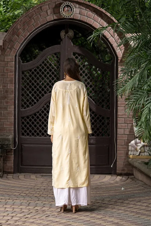 Craftroots Light Yellow Chikankari Kurta - Image 4