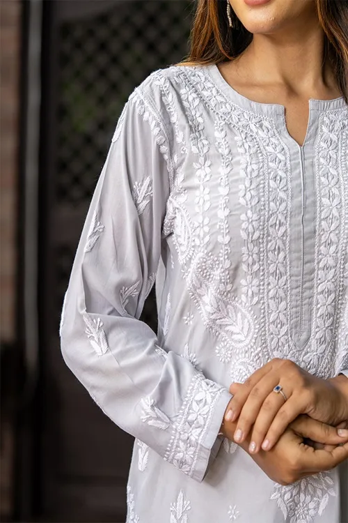Craftroots Modal Grey Chikankari Kurta - Image 2