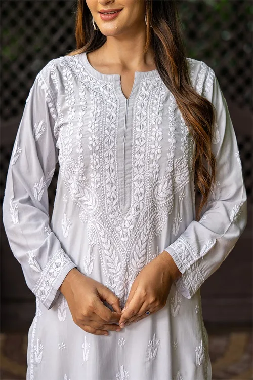 Craftroots Modal Grey Chikankari Kurta - Image 3