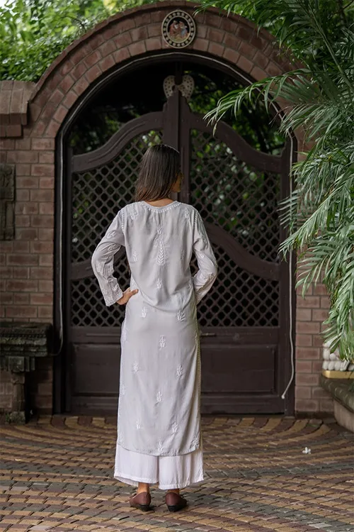 Craftroots Modal Grey Chikankari Kurta - Image 4