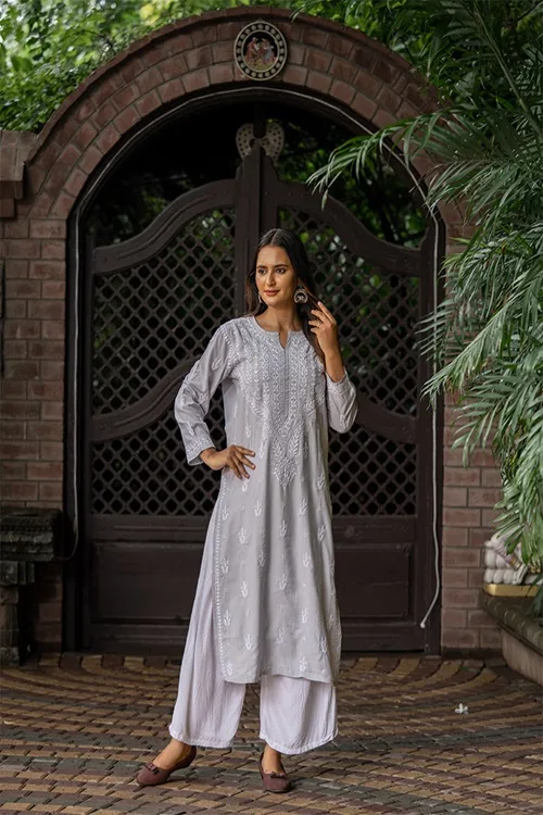 Craftroots Modal Grey Chikankari Kurta - Image 5