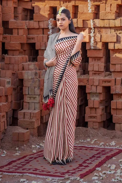 Craftroots Modal Saree With Block Print and Tassels