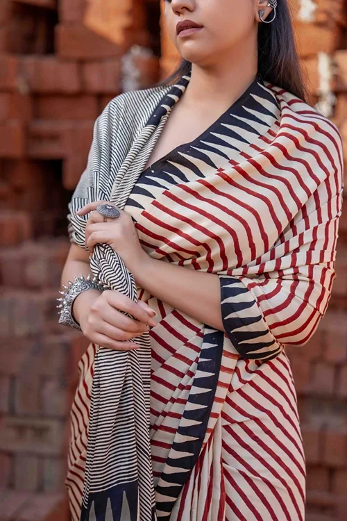 Craftroots Modal Saree With Block Print and Tassels - Image 2