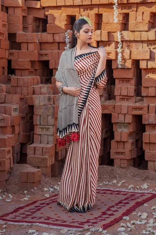 Craftroots Modal Saree With Block Print and Tassels - Image 3