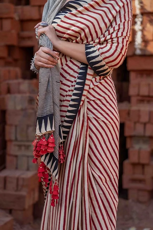 Craftroots Modal Saree With Block Print and Tassels - Image 4